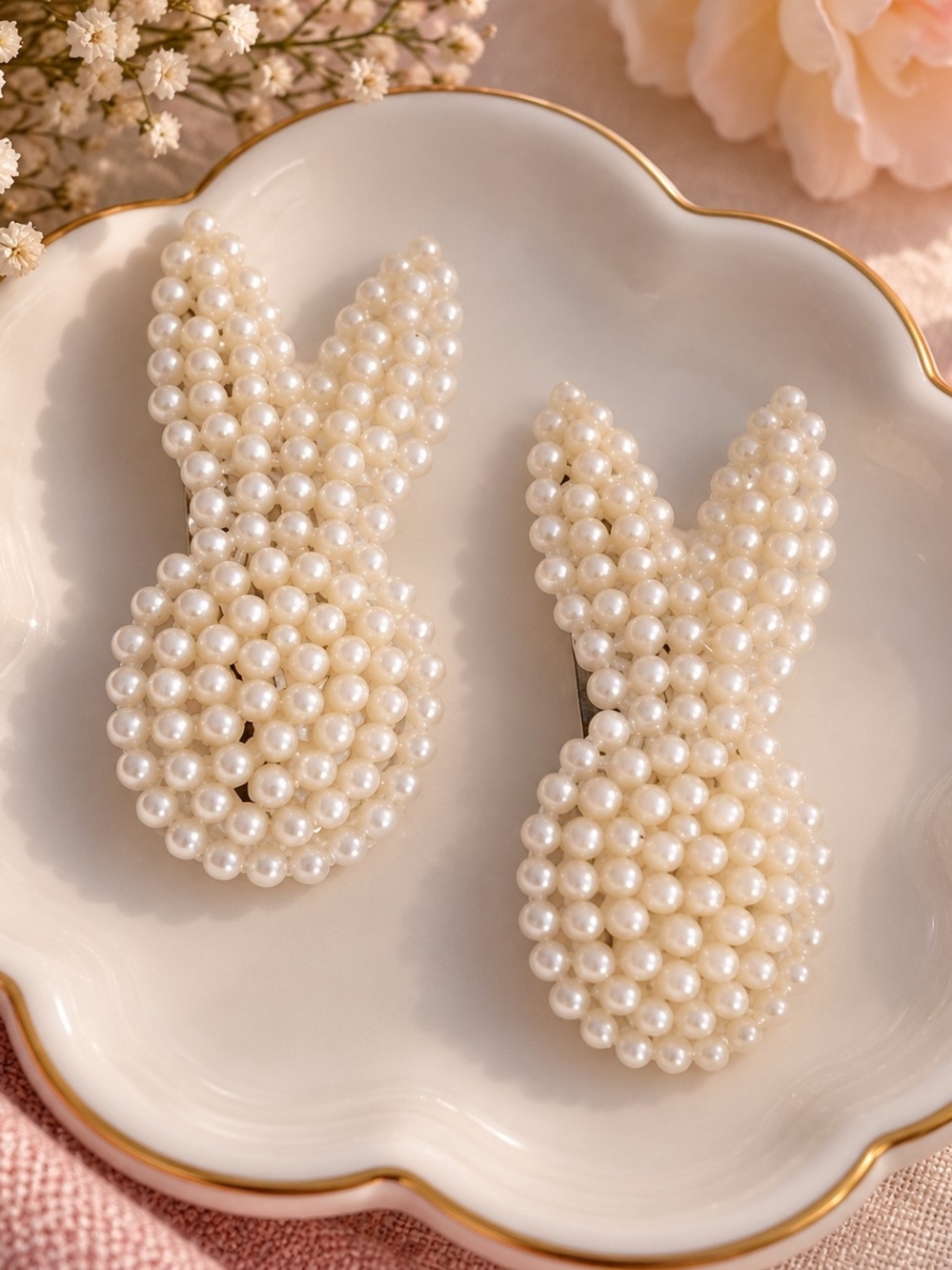 Pearl Beaded Bunny Snap Hair Clips – Set of 2
